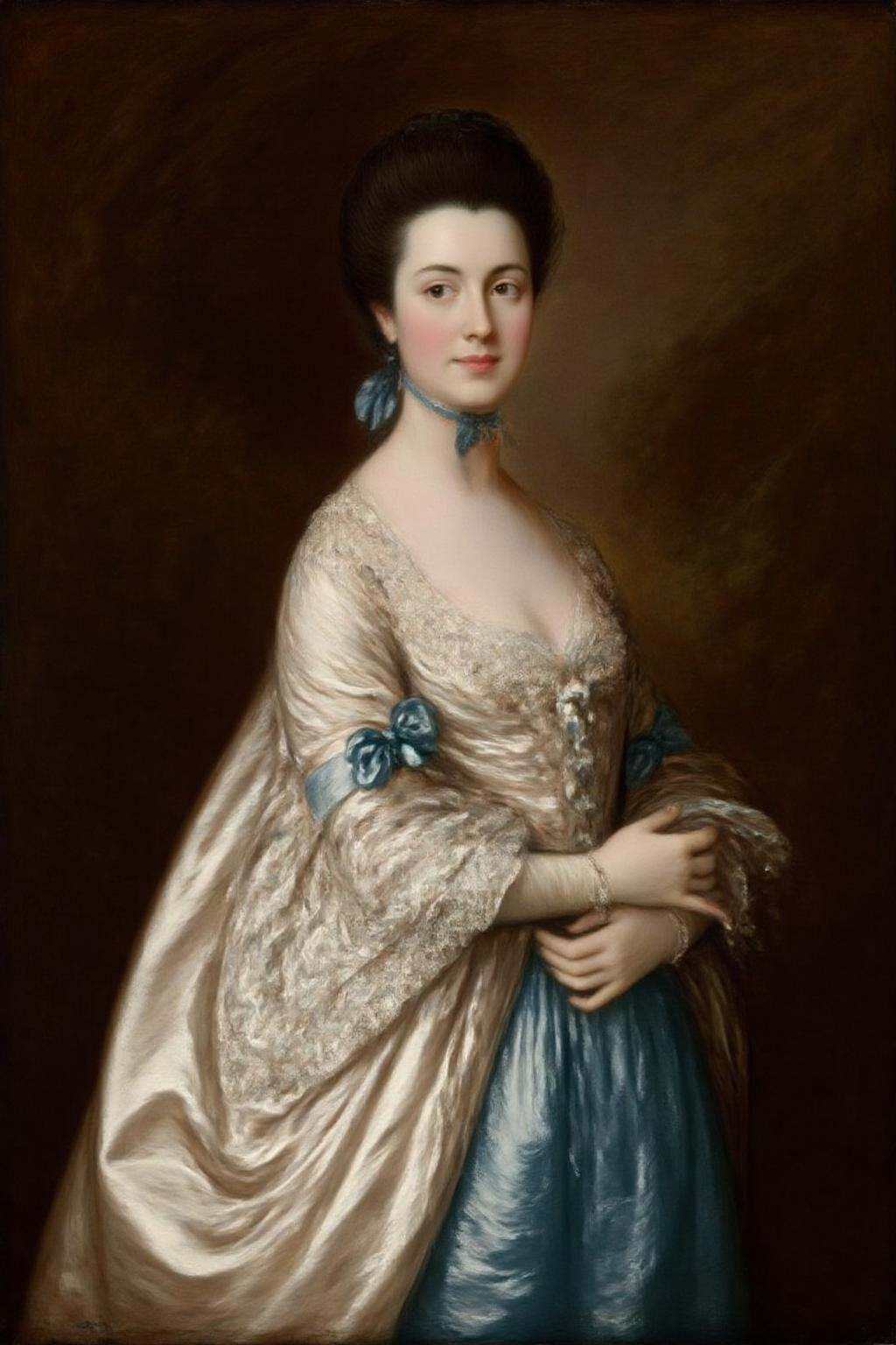 gainsbo1 paintingportrait of a woman. She is depicted in an elegant,  ornate gown typical of the 18th century. The dress i...
