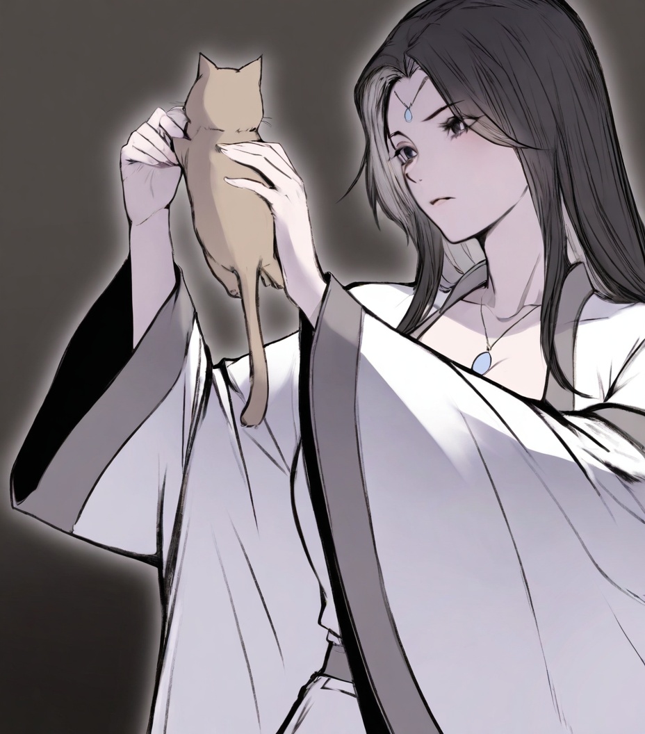 solo,highly detailed,(best quality),((masterpiece)),1girl,simple background,<lora:裴语涵nb114XL:1>,peiyuhan,black hair,necklace,long sleeves,holding_cat,
