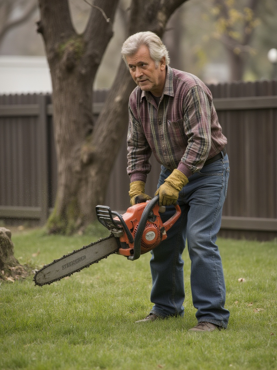8ruc3c4mp83ll An elderly man in a suburban backyard,  attempting to mow the lawn with his chainsaw hand,  looking perplexe...
