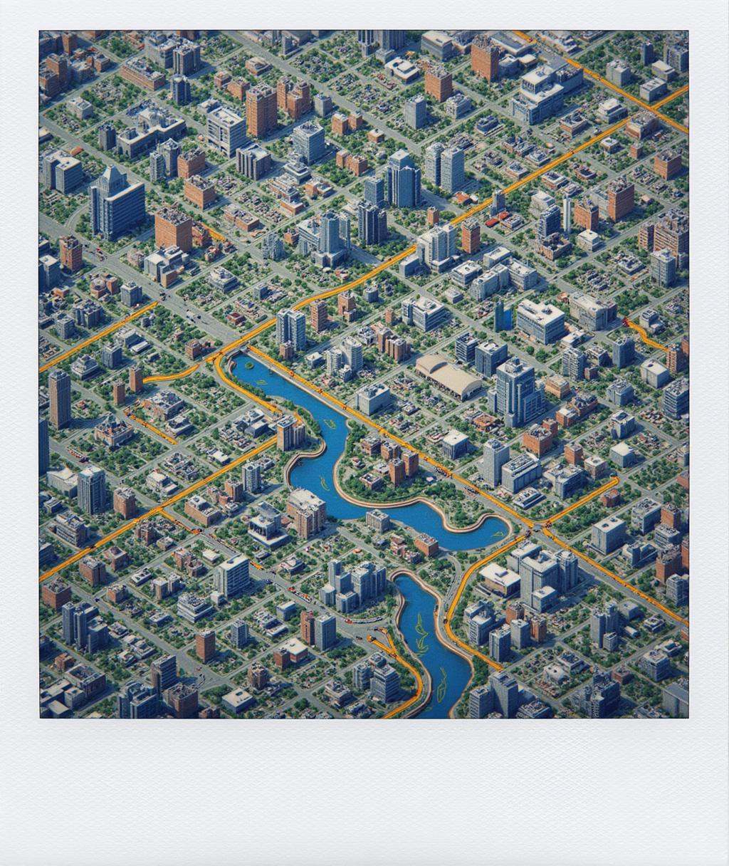 Polaroid frame of an intricate city transport network in the style of openttd,  game screenshot on Tensor.Art