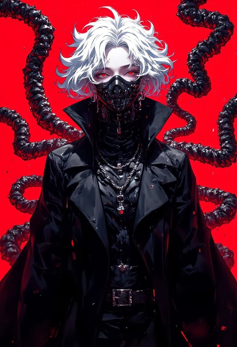 black trench coat with a high collar,  against a vivid,  This is a highly detailed on Tensor.Art