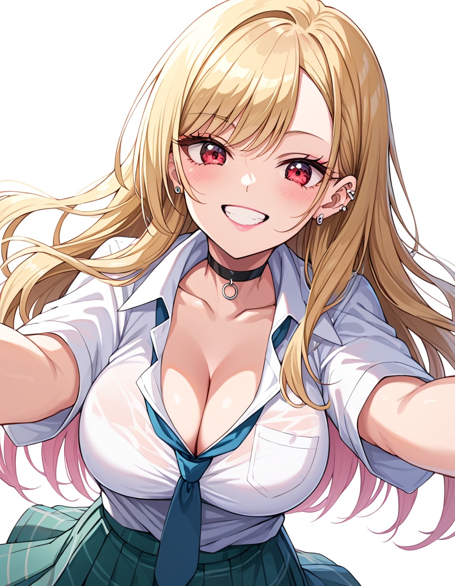 kitagawa marin,  A young girl with blonde hair and red eyes. she is wearing a blue school uniform with a green plaid skirt...