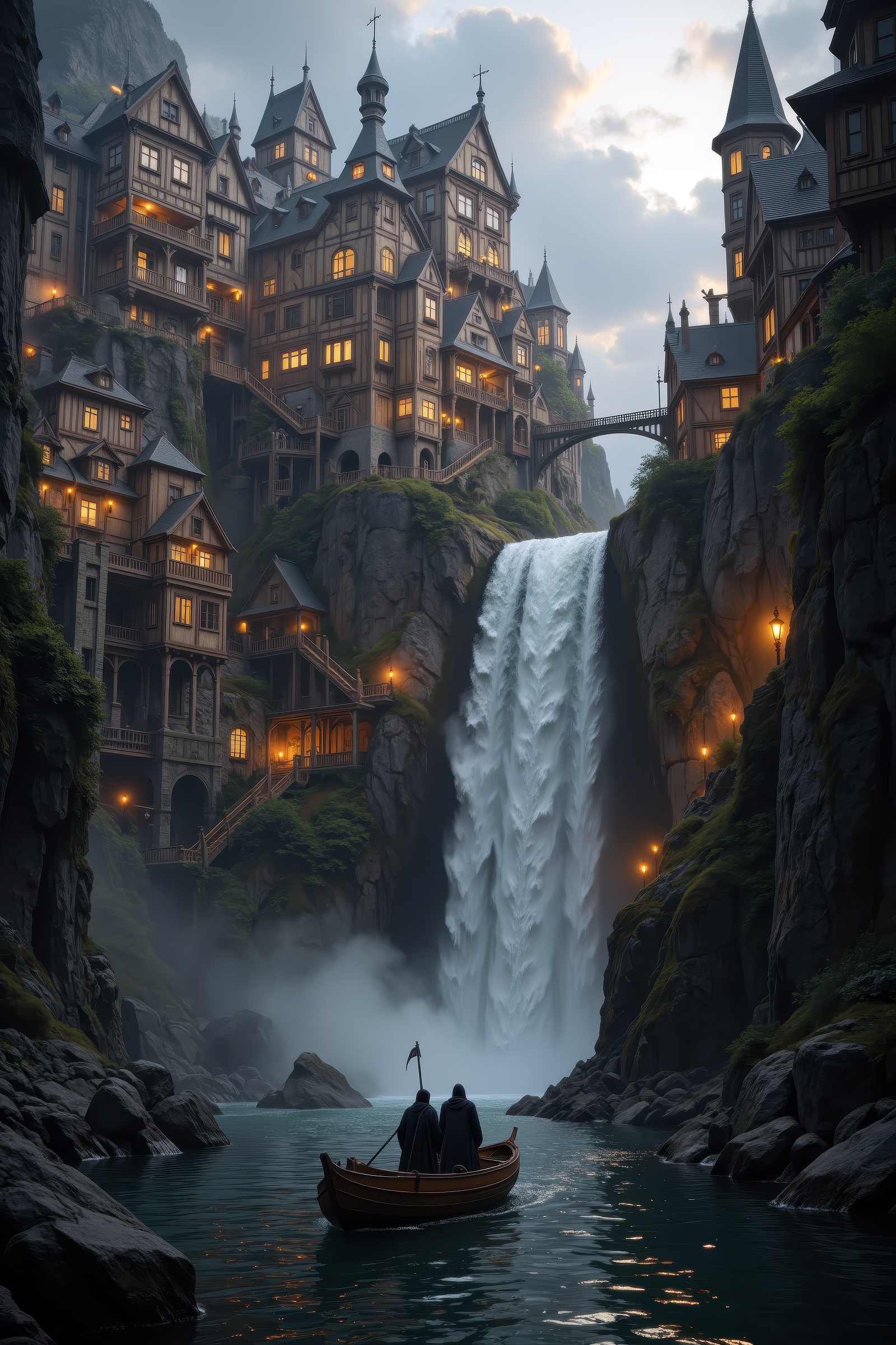 A sprawling,  intricate city built into a rocky cliffside,  glowing with warm golden lights from windows and lanterns on T...