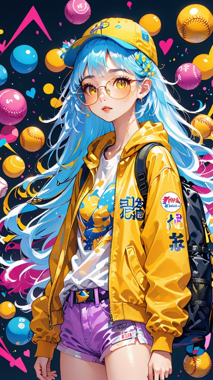 This is a vibrant, detailed digital illustration in a Japanese anime style, featuring a young woman with long, flowing light blue hair styled into a voluminous, colorful pompadour. She wears a bright yellow baseball cap adorned with small baseballs, and rectangular glasses with a playful, cartoonish design. Her outfit includes a yellow jacket with blue accents, a black top, and matching yellow shorts. She is seated on a large, black Nike duffel bag, which is decorated with a Nike logo and has a few baseballs scattered around it.Her expression is calm and focused as she holds a smartphone in her hands, looking down at it. The background is a gradient of purple and pink, with various colorful elements such as baseballs, flowers, and Japanese characters, creating a dynamic and lively atmosphere. The overall composition is balanced, with the woman's vibrant yellow outfit standing out against the darker background. The image is rich in detail, with a mix of textures from the softness of her hair to the smoothness of her clothing and the roughness of the duffel bag. The illustration combines elements of fashion, sports, and anime, creating a unique and engaging visual experience.