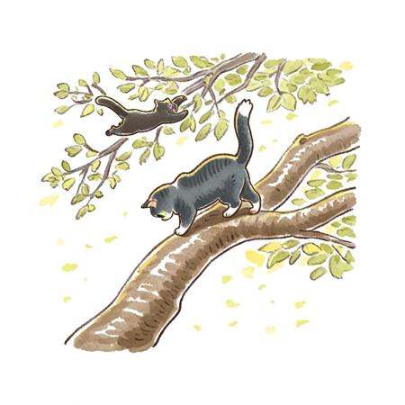 a cat on tree branch,  green leaves,  white background on Tensor.Art