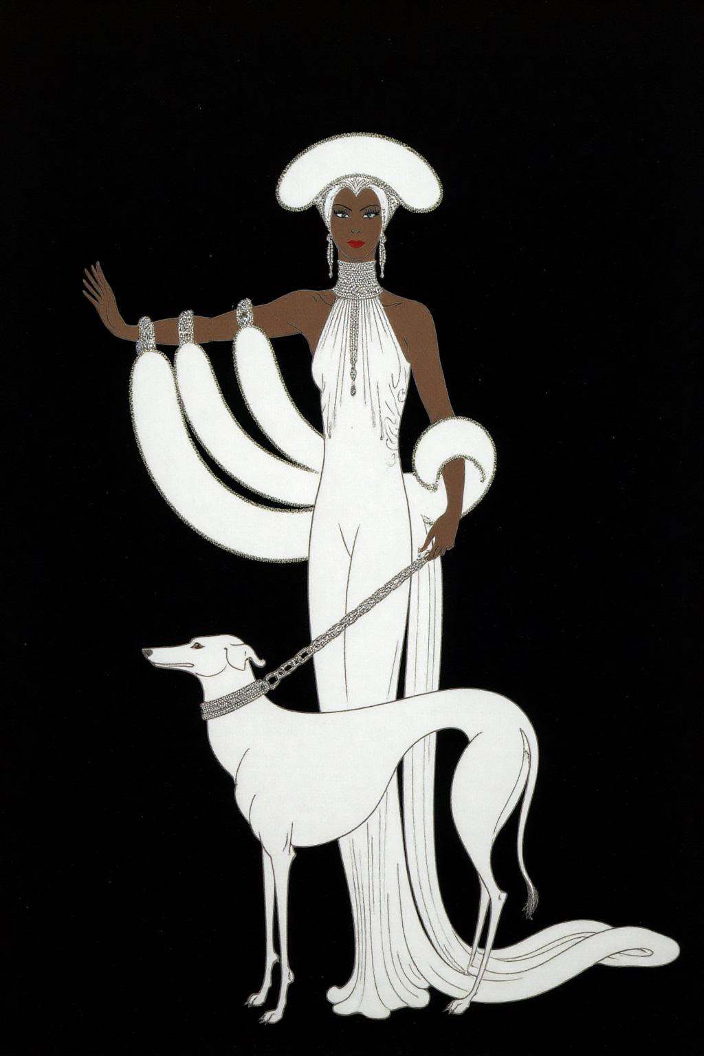 erte1 illustration. An African woman is dressed in a flowing,  white gown with intricate patterns. She is holding a leash...