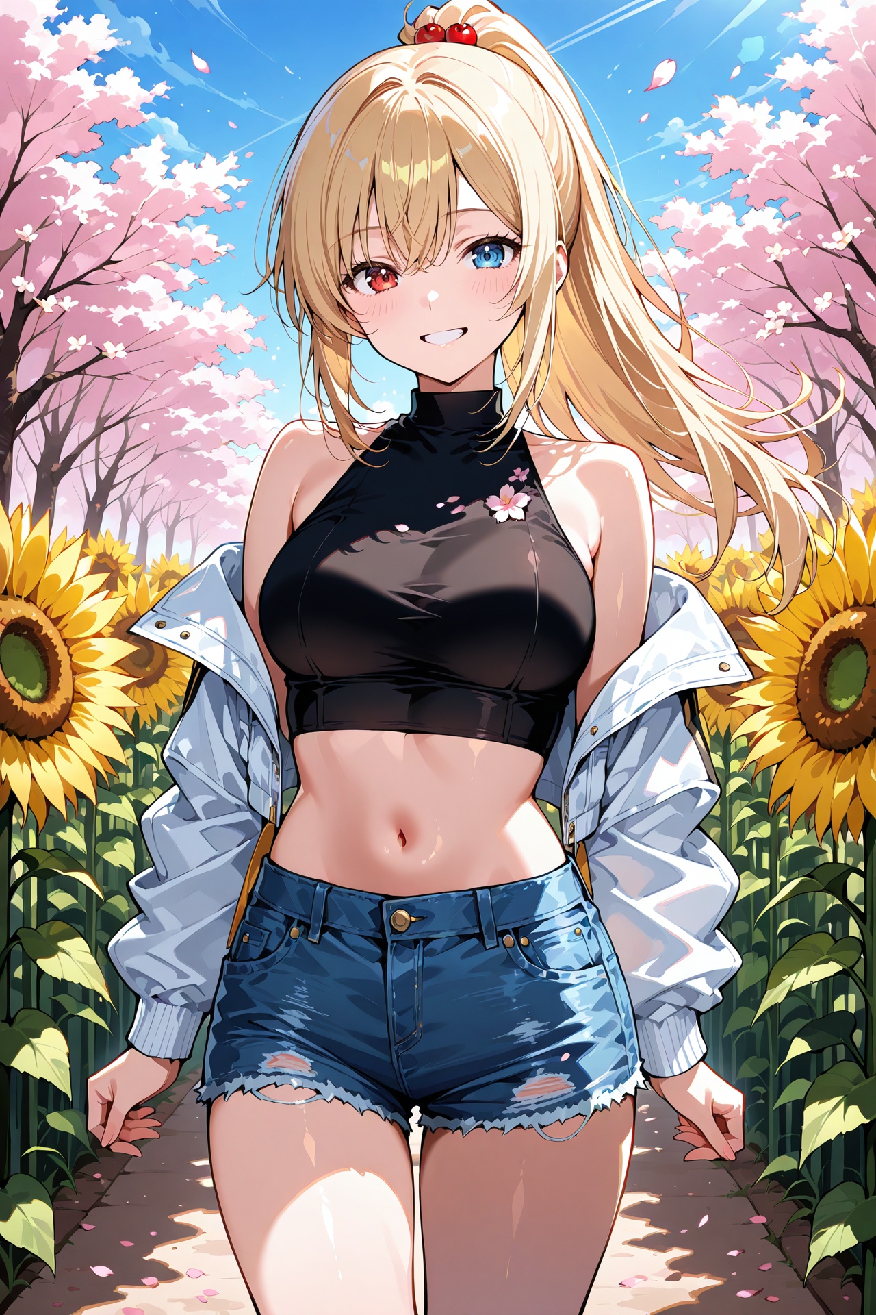 a girl wearing crop top and mini skrit walking on the street where cherry flowers blooms,  white jacket,  ponytail on Tens...