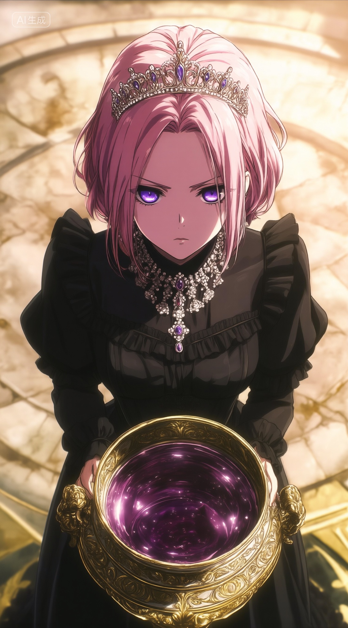 a digital illustration shoot from a birds eye view about a young woman with purple eyes wearing a black dress and a tiara,...