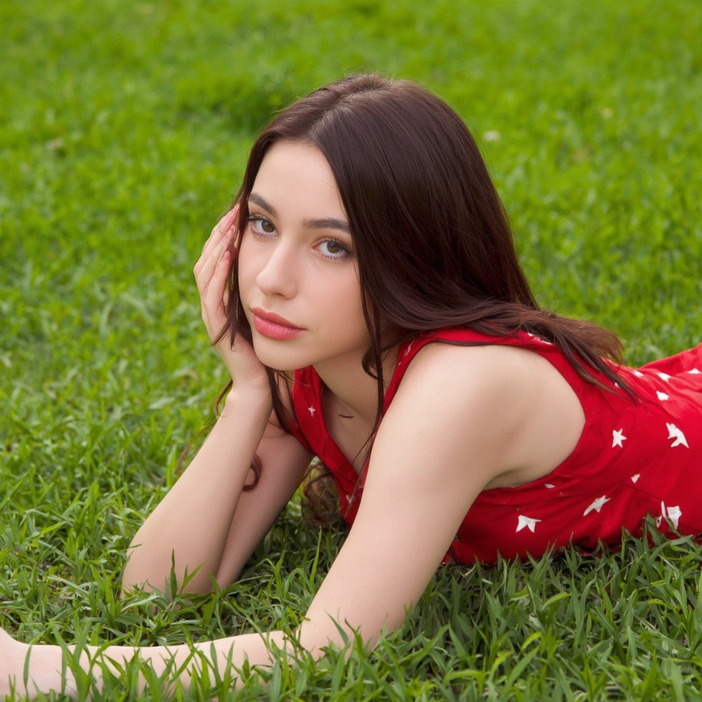 A portrait of dasha_taran lying on a grassy lawn. She wears a red dress with white star patterns. Her long,  dark hair flo...
