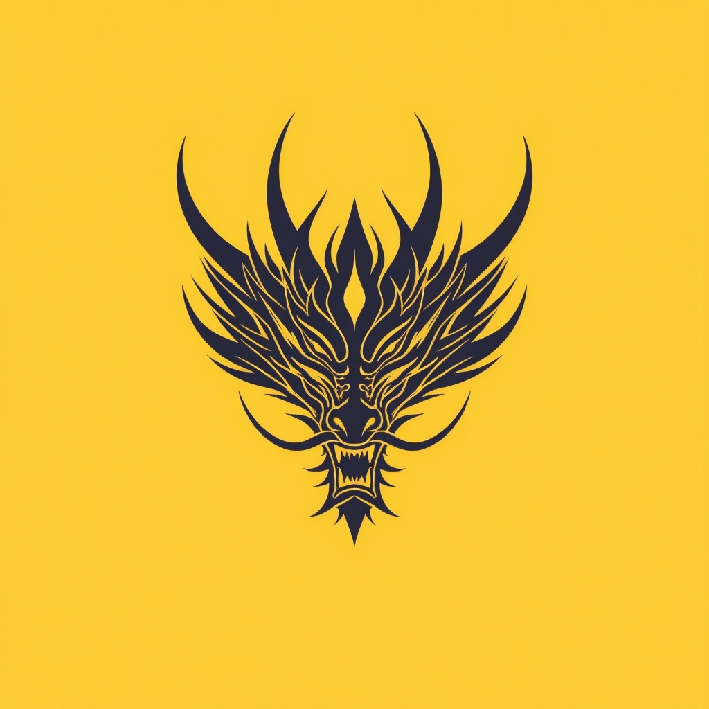 logo,no humans,eastern dragon,teeth,sharp teeth,dragon,horns,simple background,yellow background,solo,open mouth,