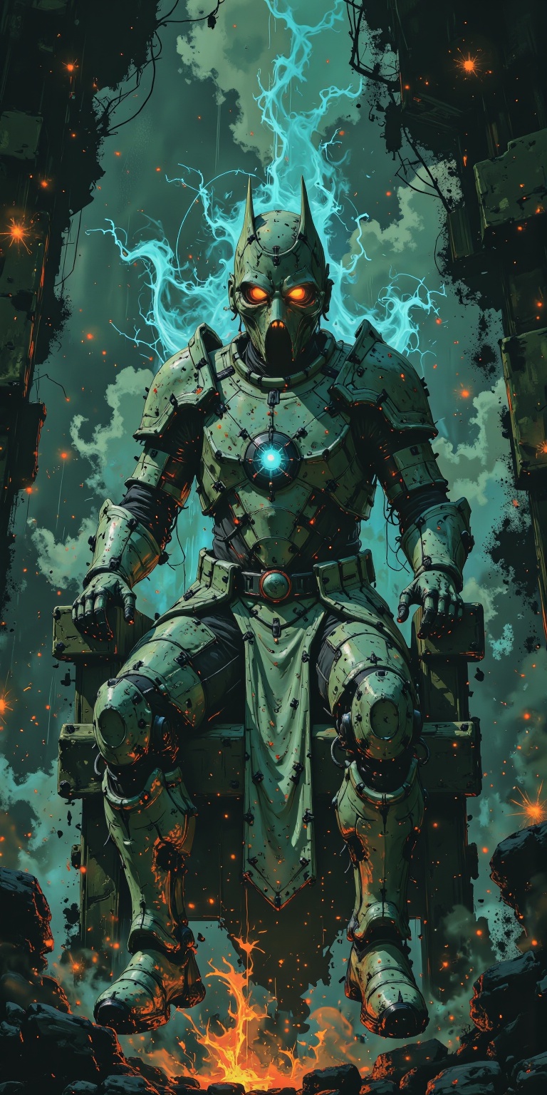 A futuristic knight in transparent armor glowing turquoise,  sitting on a crystal throne,  surrounded by a mystical aura o...