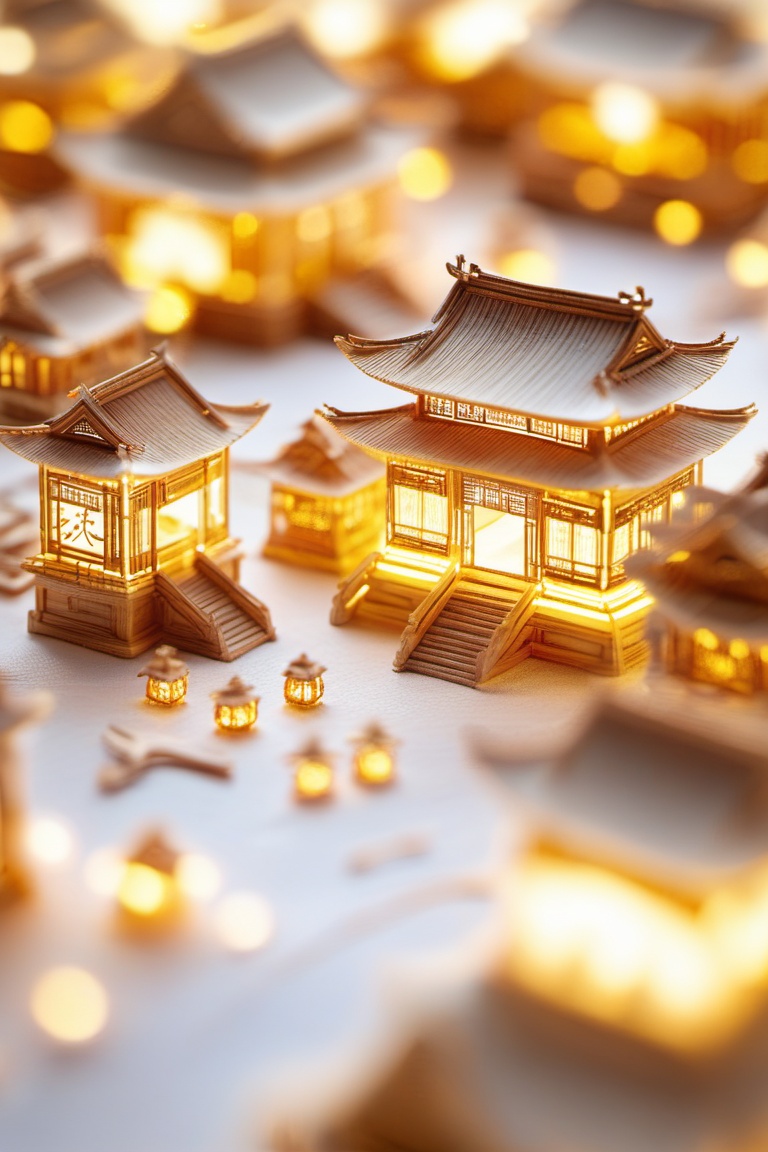 Microarchitecture,juanzhou,A digital artwork showcasing a snowy, intricately detailed village decked out with glowing, golden lanterns. The lanterns light up traditional Asian-style houses with pointy roofs and wooden frames, casting a warm, inviting glow. The background is softly blurred, creating a dreamy, enchanting vibe.,<lora:juanzhouv1:0.8>