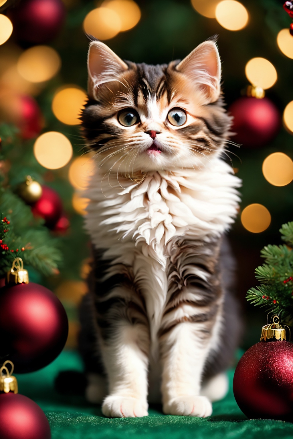 <lora:AgainChristmas_v1:1>, no humans, christmas tree, cat, blue eyes, whiskers, animal focus, blurry, animal, christmas, christmas ornaments, blurry background, solo, christmas lights, depth of field, looking at viewer, ornament, plant, closed mouth, bokeh