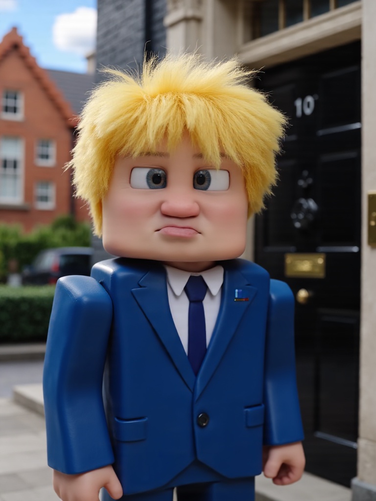 Blocky Boris Johnson with messy cubic blonde hair,  simple blue suit,  standing outside rectangular 10 Downing Street door...