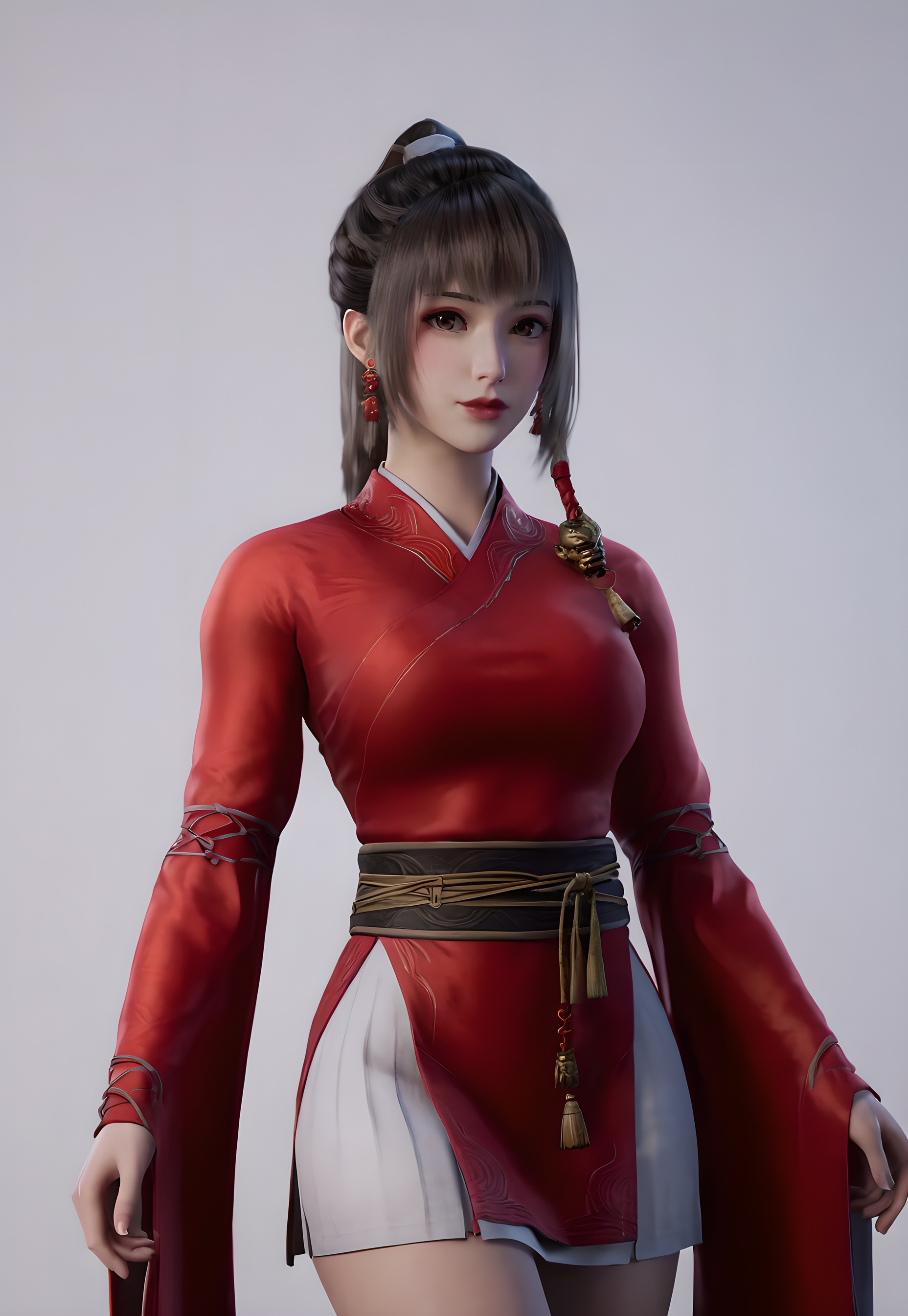 score_9,score_8_up,score_7_up,<lora:SF_FangXiaoLin_Pony-000002:0.7>,1girl,solo,standing,red chinese clothes,short  skirt,long sleeves,breasts,large breasts,red lips,jewelry,hair ornament,earring,looking at viewer,white background,