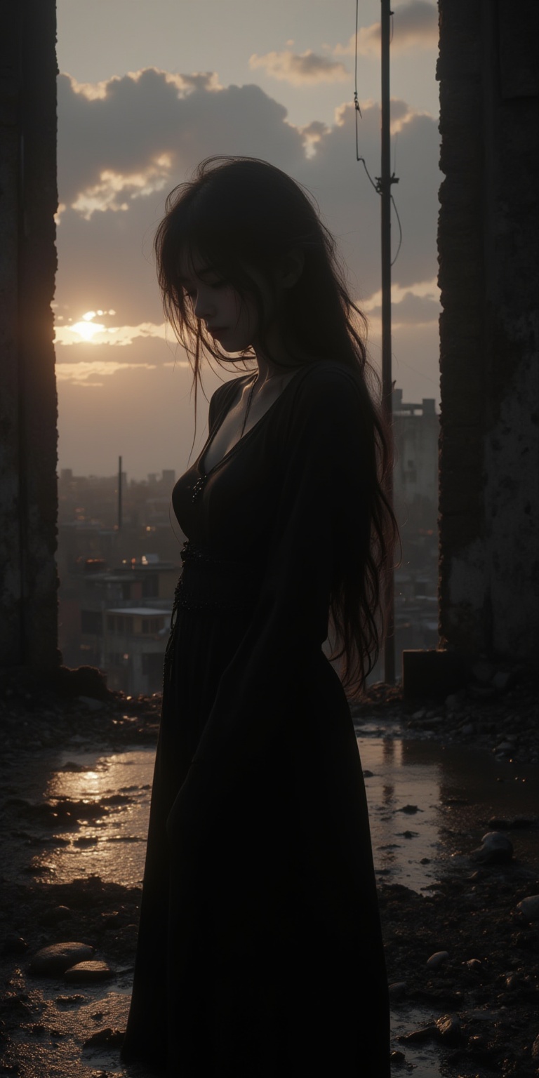 portrait of 1girl by Bill Henson,depressed,tears,streaming tears,ruins,shadows,dramatic lighting,sunset,contemporary,dark,expressionism,dystopia,industrial,,,