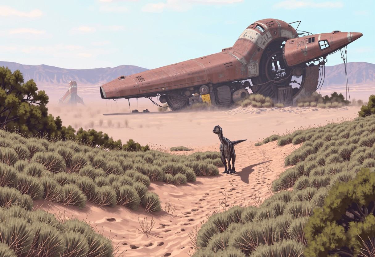 stalenhag,  a dinosaur in the bushes,  sand dunes on Tensor.Art