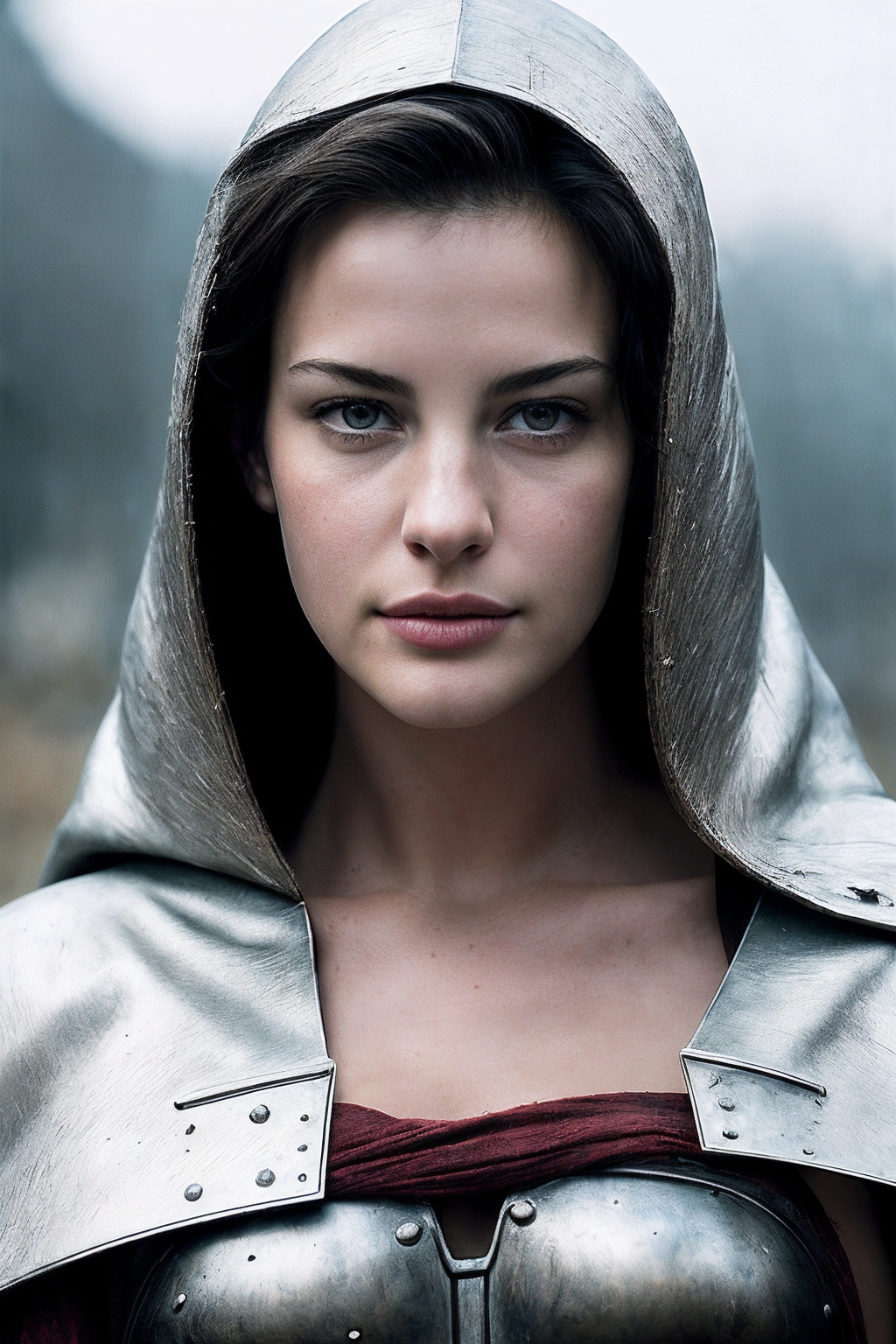 LivT_SoloTI_v1,  (In a battle-worn suit of silver armor,  with a tattered red cloak draped over her shoulders on Tensor.Art