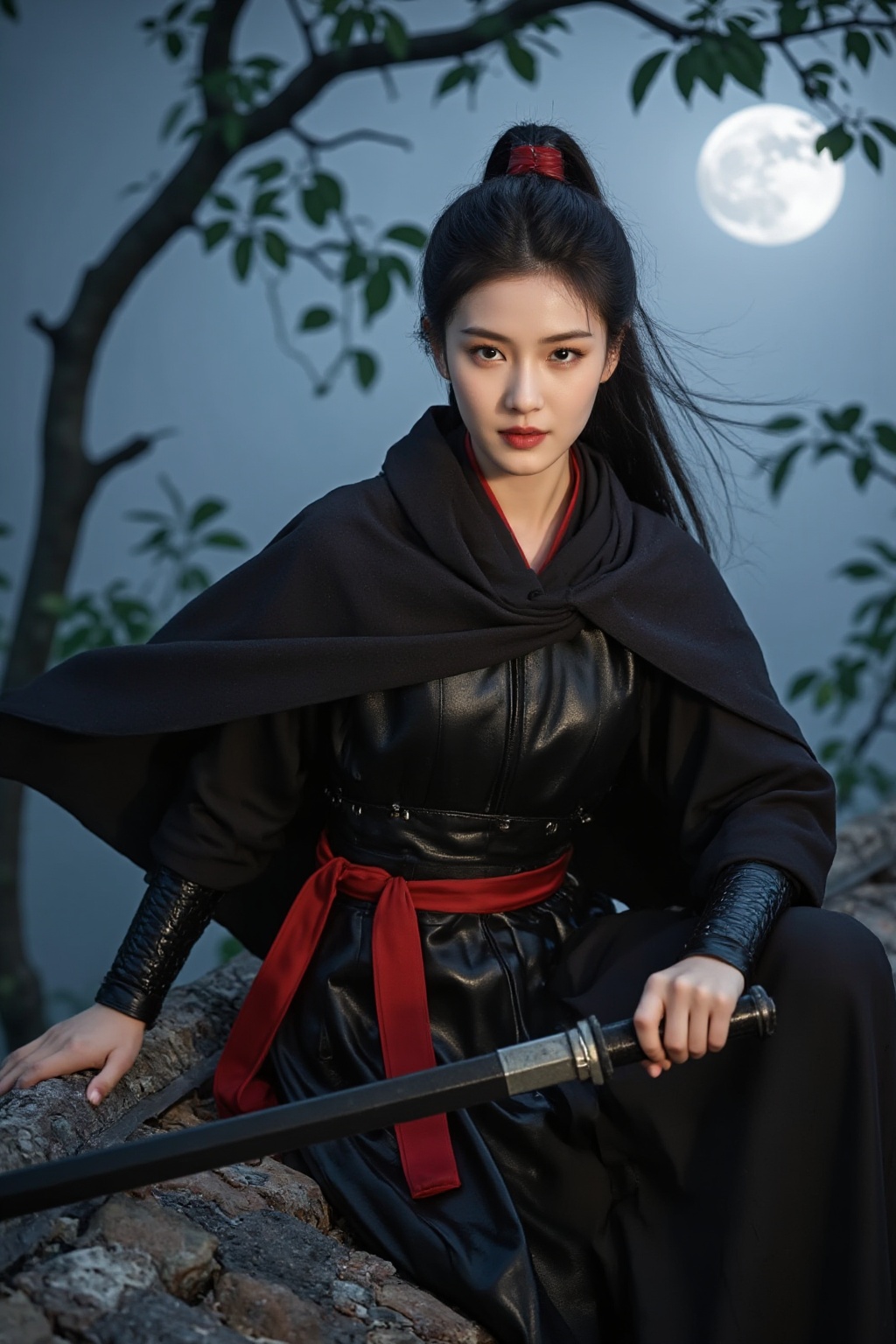 wuxia,Very realistic style,HD photography style,upper body,An ancient Chinese warrior woman of twenty years old wears a tight black dress with a red satin waist and hairpin. Long sword in hand,sharp eyes,strong posture. Flying on the ancient roof in the moonlight,the cloak flapped behind me,surrounded by scattered green tiles and mottled tree shadows.,