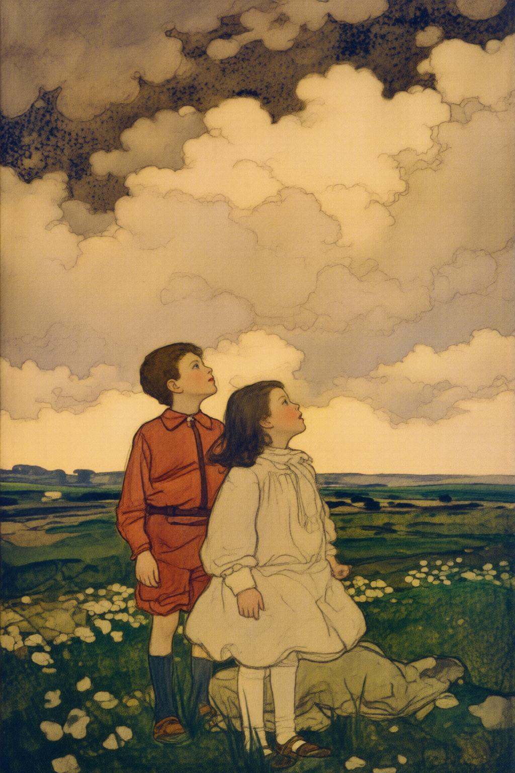 elizabethshippengreen2q illustration.Two children,  a boy and a girl,  standing outdoors on Tensor.Art