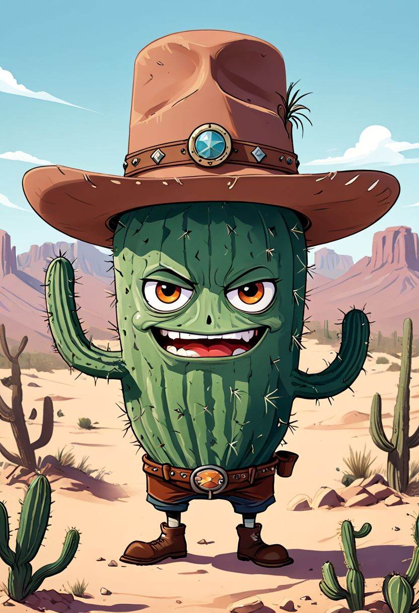 implanted cartoon cactus with cowboy hat in the desert,  funny,  serious face on Tensor.Art