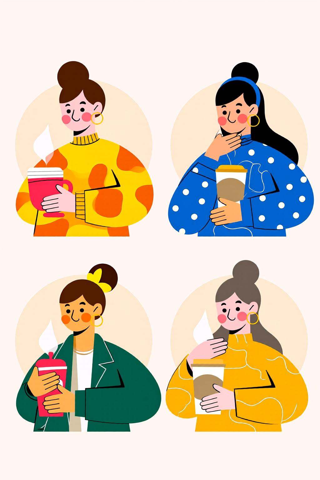 flatcolorvectorart2q illustration.Four women,  each holding a cup of coffee. The first woman on the left is wearing a yell...