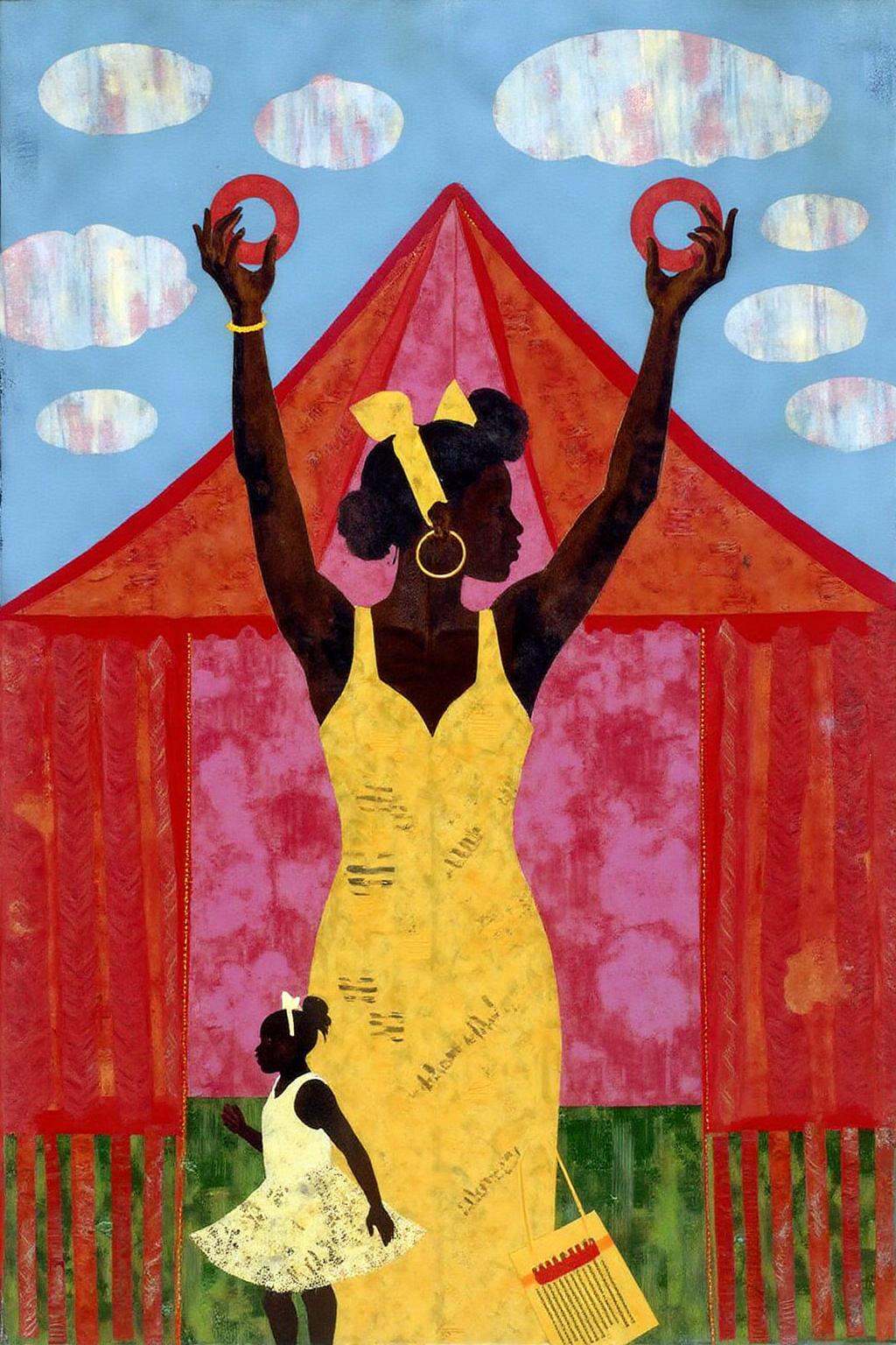 mixed media collage. a woman in a yellow dress stands in front of a red tent. The woman is wearing a yellow bow on her hea...