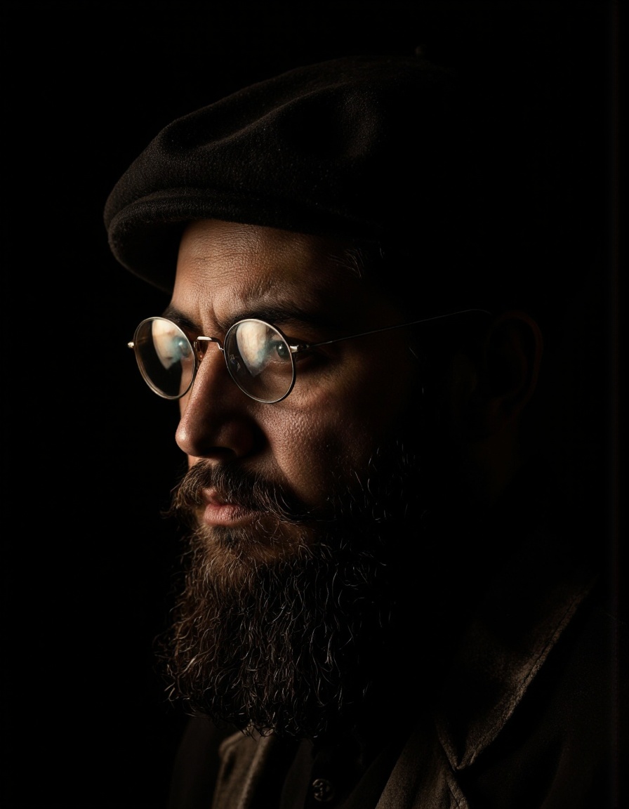 A cinematic photo. A close-up portrait of a man with a beard and mustache,  wearing round sunglasses and a beret,  capture...