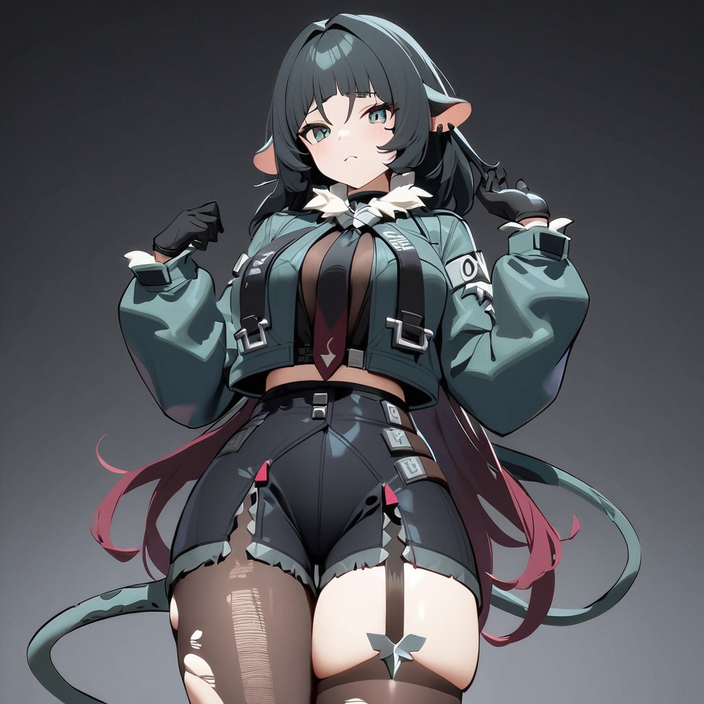1girl,jane_doe_(zenless_zone_zero),animal_ears,tail,jacket,animal_ears,torn_clothes,black_gloves,single_thighhigh,pantyhose,long_sleeves,necktie,single_leg_pantyhose,thighs,shorts,skirt,garter_straps,asymmetrical_legwear,black_skirt,torn_thighhighs,animal_ears,