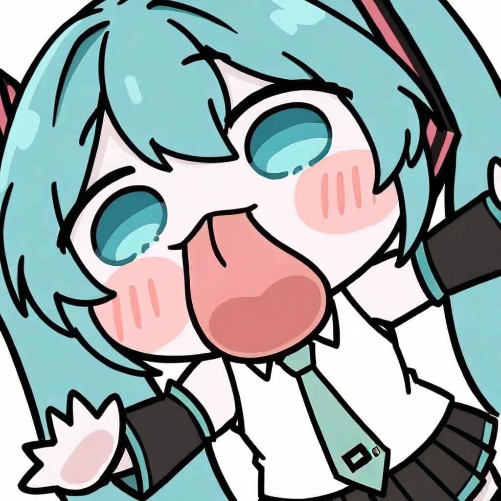 masterpiece,best quality,<lora:tongue out_a31-xl-e2:1>,chibi,tongue,tongue out,upper body,waving,1girl,hatsune miku,twintails,necktie,solo,skirt,shirt,aqua hair,black skirt,aqua eyes,detached sleeves,long hair,sleeveless,white shirt,open mouth,white background,aqua necktie,black sleeves,sleeveless shirt,outstretched arms,very long hair,blush stickers,pleated skirt,hair ornament,miniskirt,bare shoulders,musical note,