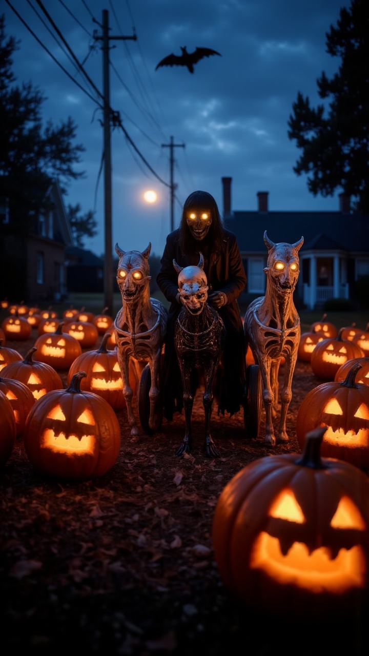 "A pumpkin carriage led by skeletal horses,  racing through a glowing pumpkin patch lit by spectral lanterns." ,  aidmaHal...