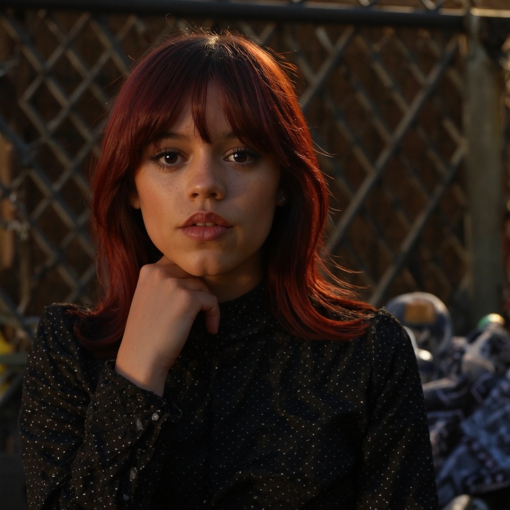 A portrait of jenna_ortega with striking red hair,  captured in a side profile. She wears a black,  dotted blouse with a h...