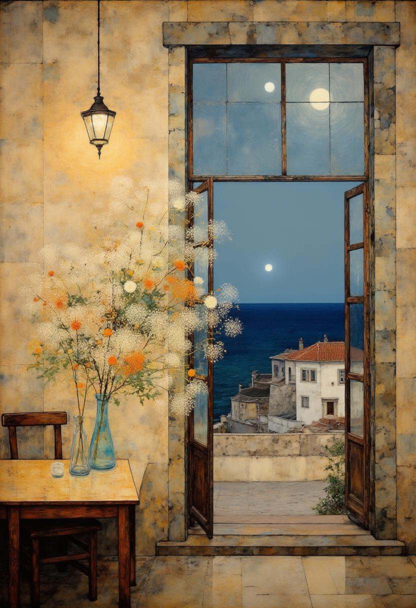 This image is a detailed,  realistic digital painting depicting an interior scene with a serene,  almost dreamlike quality...