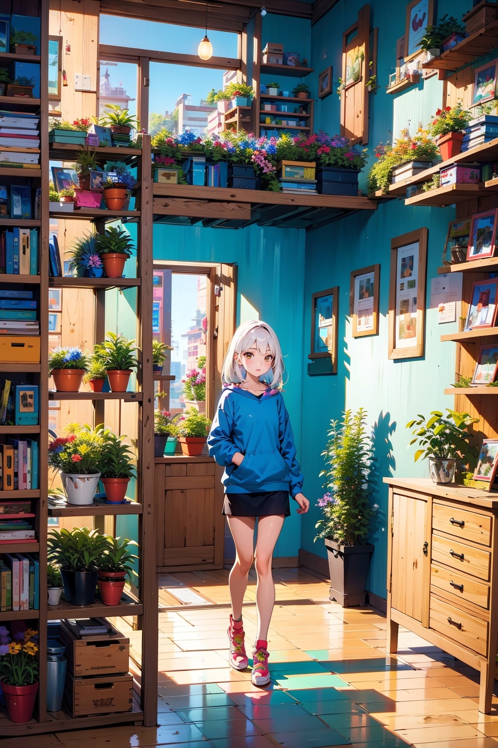 girl, full body, scenery, no humans, shelf, plant, window, book, potted plant, indoors, flower pot, box