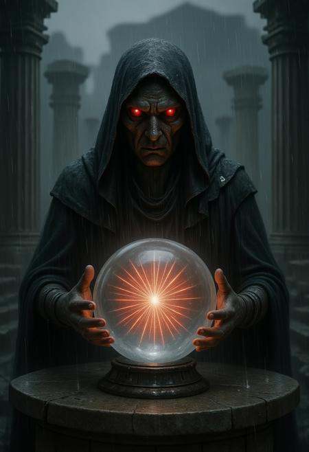 8K ultra-detailed shot of a veiled marble oracle seated at a stone altar,  hands clasped over a glowing crystal ball. Rain...