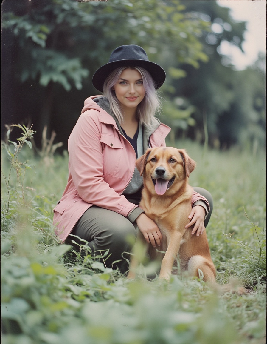 a analogstyle girl h3l3nlush . she is sitting in the grass with her dog. The dog is sitting on her lap. she is wearing a p...