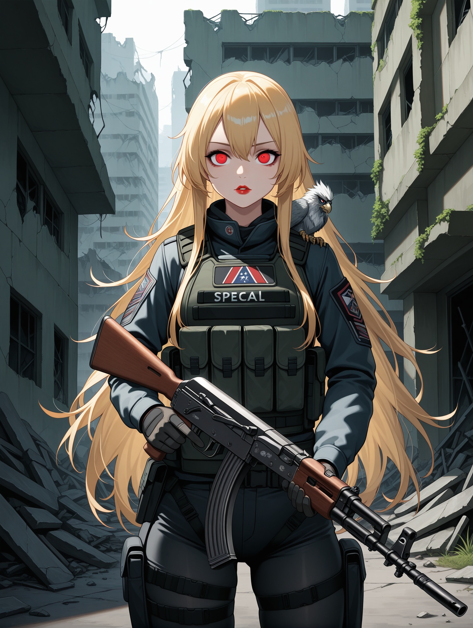 1girl,solo, AK-47 (Girls' Frontline), highly detailed face, high quality face, detailed hair, blonde hair, long hair, highly detailed eyes, detailed lips, red eyes, red lips, medium chest, half body, special military tactical clothing with chevrons on shoulder (Gryphon and Krugger), tactical vest , tactical pants, tights, assault rifle in hand (AK-47),against the background of urban ruins, greenery on the buildings, ruined buildings,masterpiece,best quality,amazing quality,