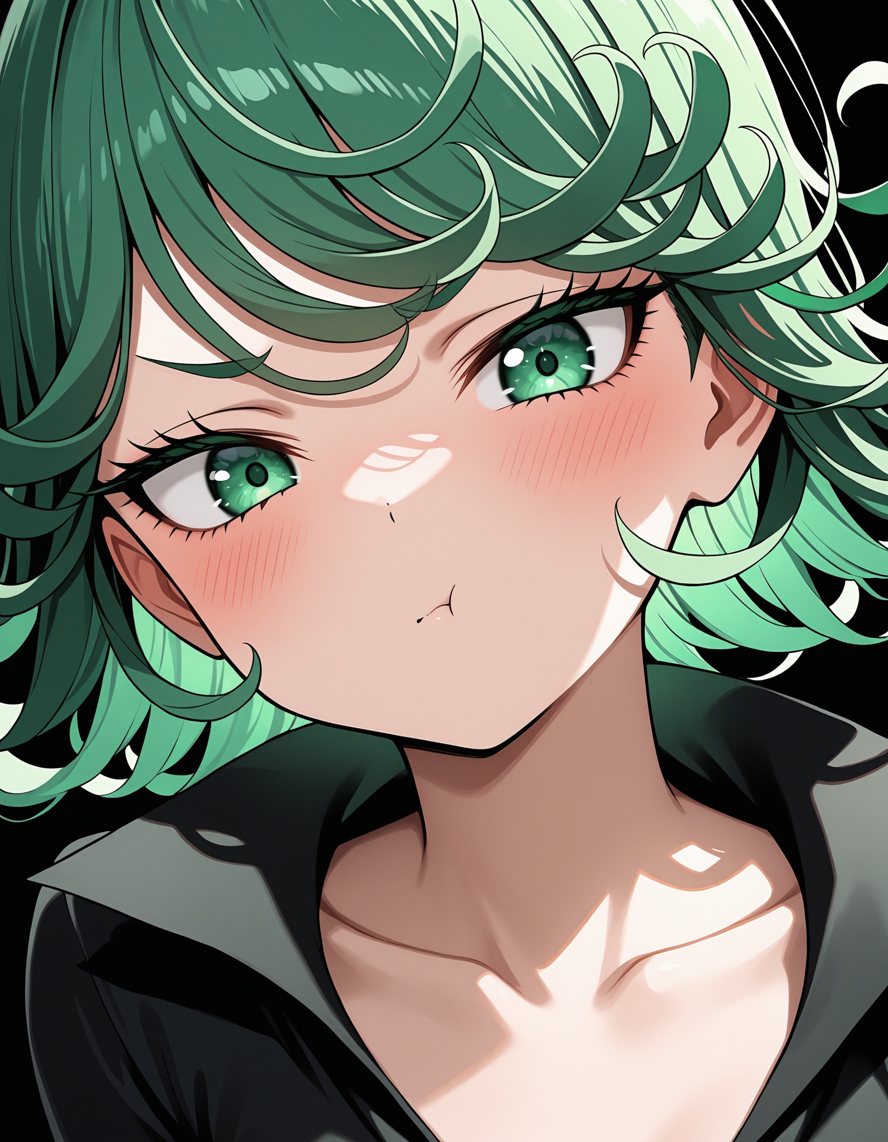 1girl,tatsumaki,solo,green eyes,green hair,looking at viewer,curly hair,black background,pout,collarbone,blush,black dress,dress,simple background,closed mouth,short hair,upper body,portrait,eyelashes,
