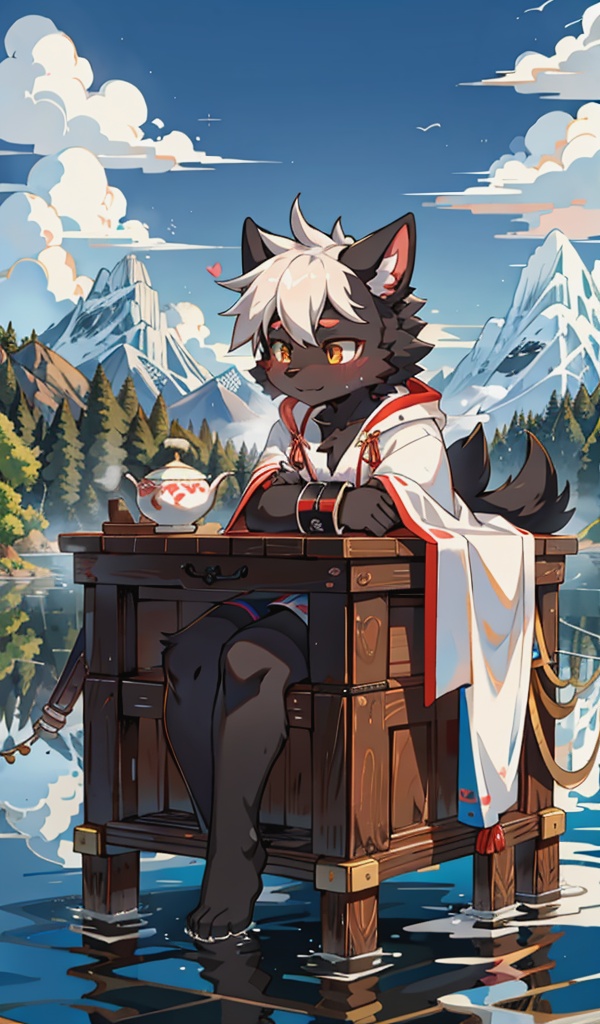 score_9, score_8_up, score_7_up, score_6_up, score_5_up, score_4_up, score_9, cute furry full body, chinese ink paint style, black fur, white eyes, drooping ears, white robe, black cuff, black ribbon, glimmering eyes, relaxed , smelling tea, mountains and rivers, boat, clouds, foggy, shota,black skin