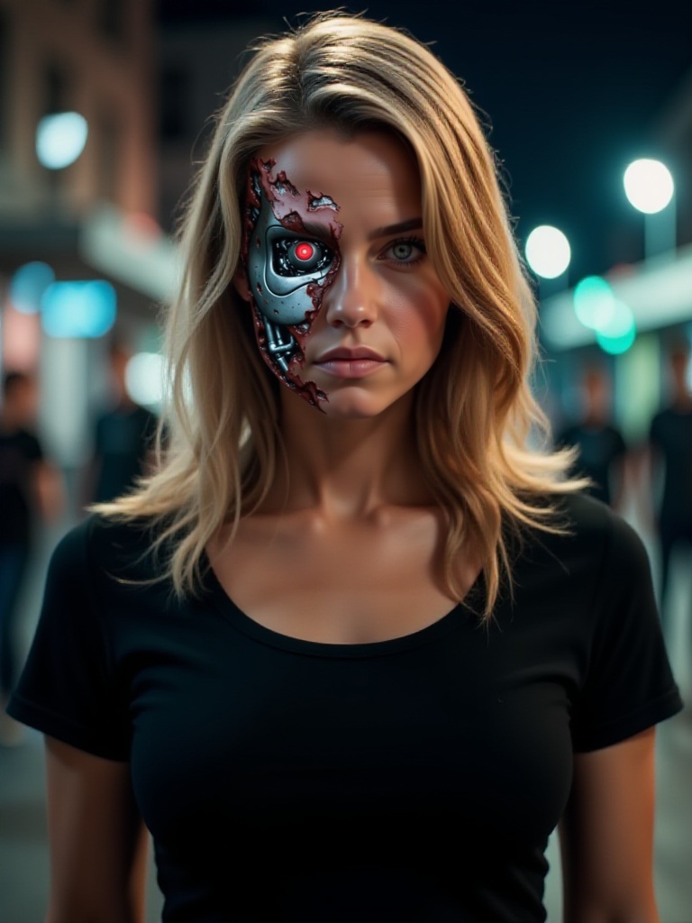 ((TerminatorBattleDamage)),  a beautiful blonde caucasian girl ((with facial battle damage consisting of torn flesh and bl...