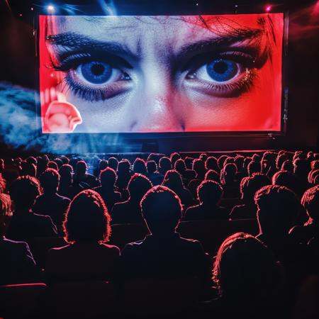 Surreal Retro Horror movie Still,  The image shows a crowd of people watching a movie on a large screen illuminated by bri...