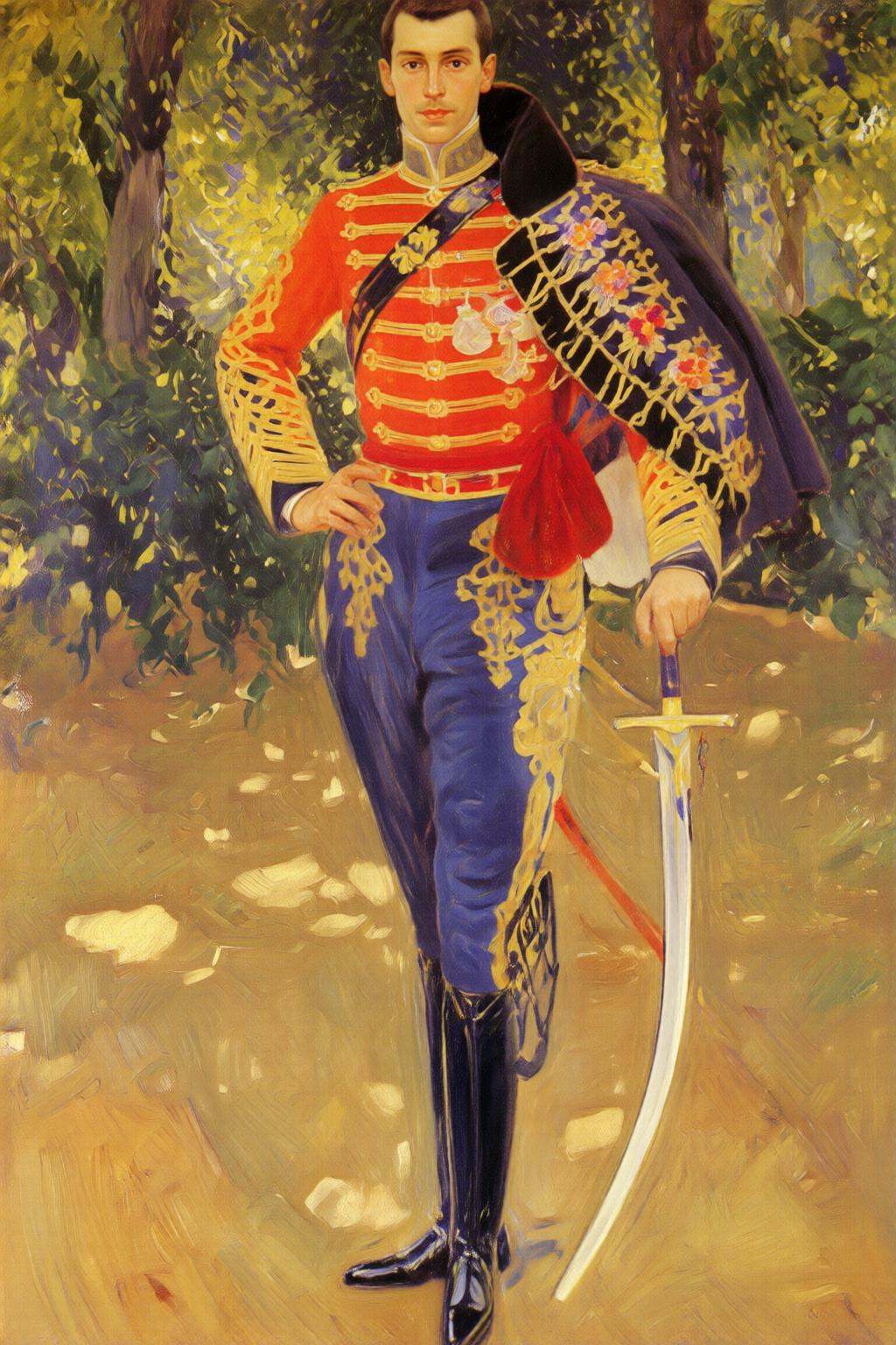 joaquinsorolla3q painting.A young man dressed in an ornate military uniform stands in a lush,  green outdoor setting,  fac...