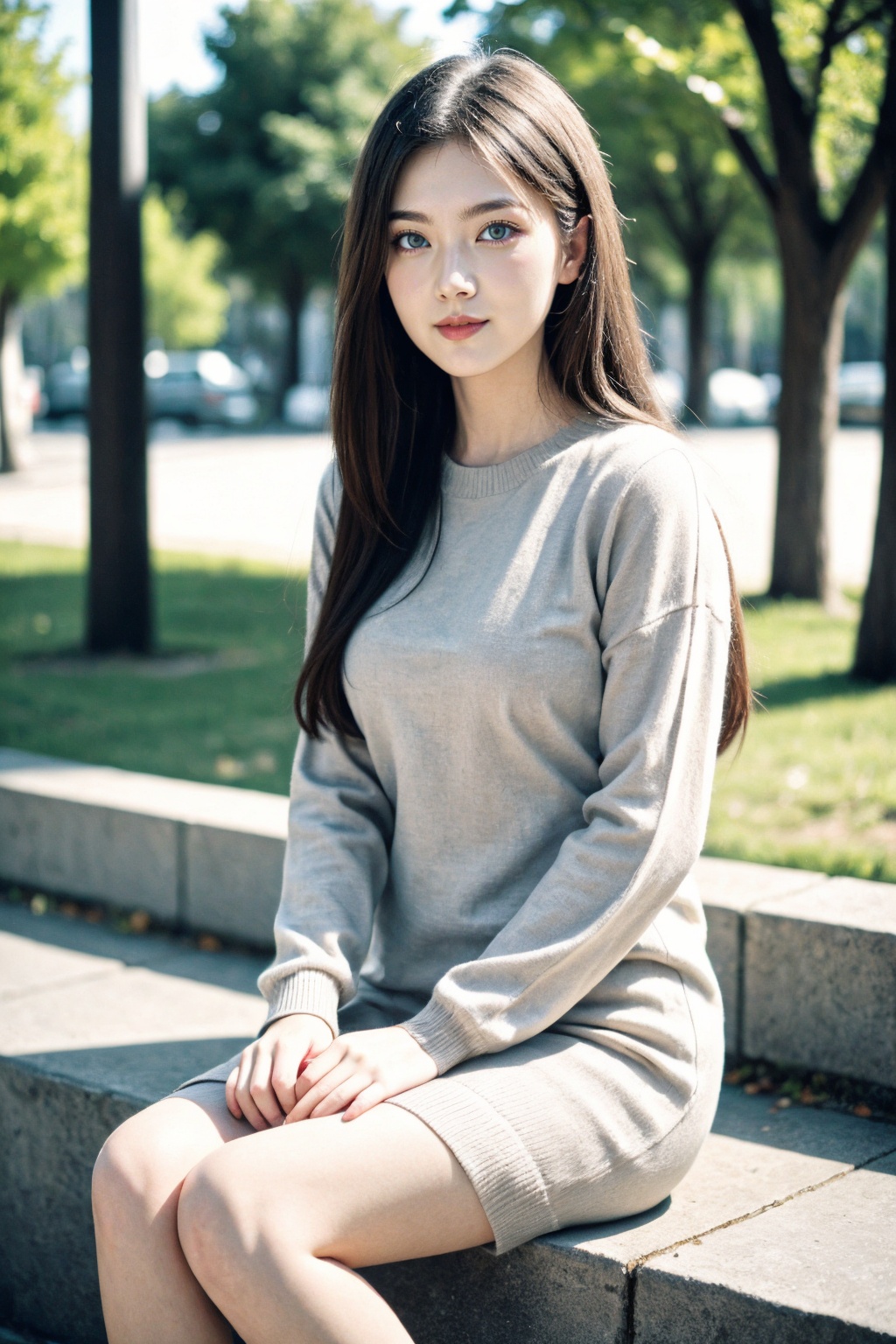 1girl, smirk, black hair, lips, long hair, long sleeves, looking at viewer, realistic, sleeves past wrists, solo, beige sweater dress, sitting, side, outdoors, park