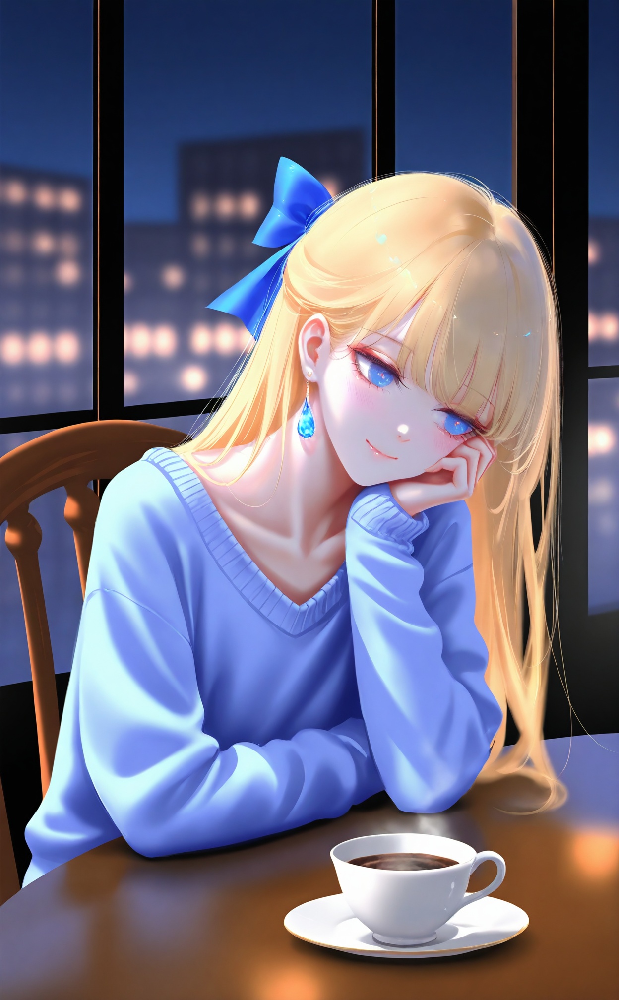 masterpiece,best quality,high quality,loli,[Artist:wlop],[[Artist:sheya]],Artist:ask \(askzy\),1girl,solo,cup,blonde hair,blue eyes,sweater,jewelry,earrings,long hair,blush,hair bow,indoors,bow,steam,saucer,long sleeves,sitting,night,collarbone,table,teacup,window,head rest,closed mouth,smile,elbows on table,blue bow,coffee,chair,blurry,upper body,pov across table,hand on own face,elbow rest,