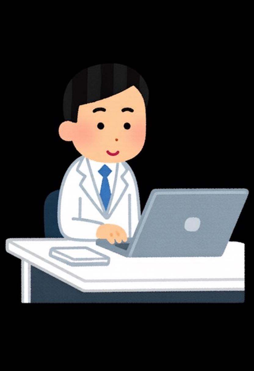 irasutoya3q illustration. A man sitting at a desk,  working on a laptop. He is wearing a white lab coat and a blue tie. on...