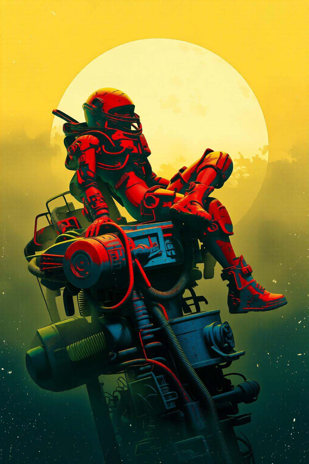 pascalblanche2q illustration.A humanoid seated on a complex mechanical apparatus. The figure is wearing a red-orange suit...