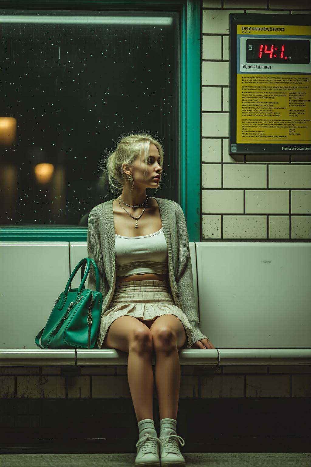 midjourneymix10q photograph.On the left,  a young blonde Danish woman is sitting on a yellow and white bench in what appea...