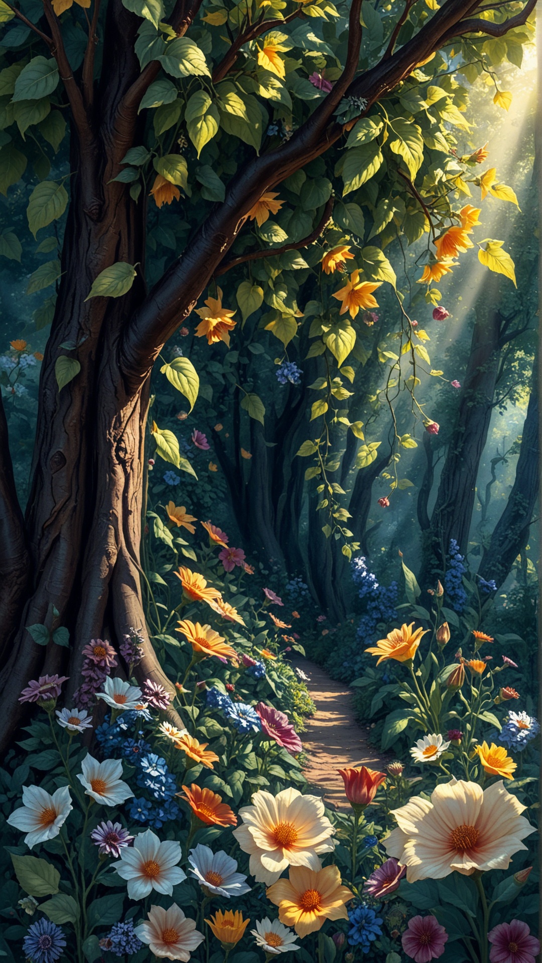 Fl0w3rGr0wnStyle A stunning,  high-resolution,  fantasy realism painting of a garden of light and shadows on Tensor.Art