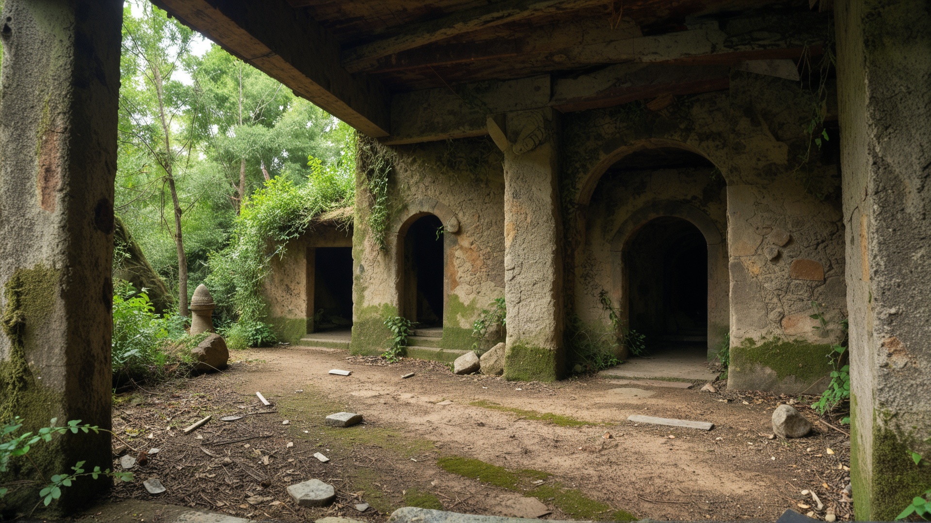 An ancient stone temple hidden deep in a misty rainforest,  moss and vines covering weathered carvings,  rays of morning s...