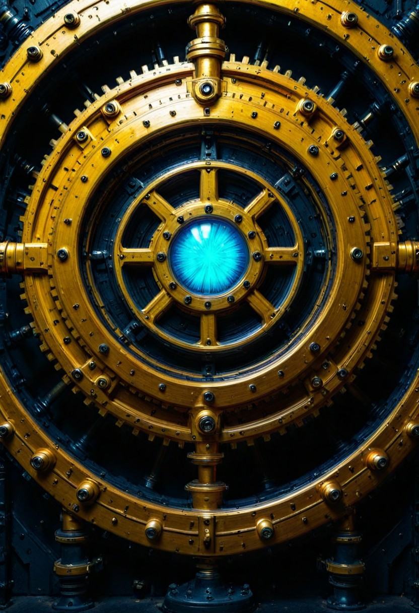 Huge gears glow in neon blue and purple,  with a smooth metal texture that looks like it was laser cut. This gear rotates...
